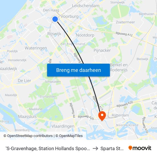 'S-Gravenhage, Station Hollands Spoor (Perron A) to Sparta Stadion map