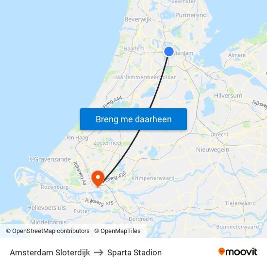 Amsterdam Sloterdijk to Sparta Stadion map