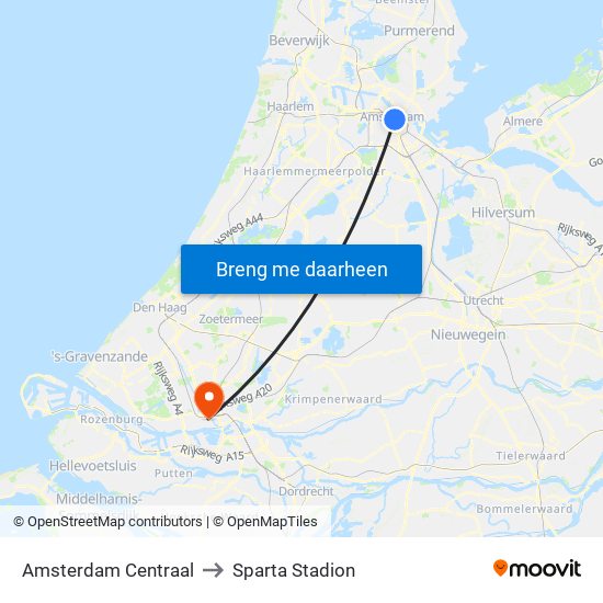 Amsterdam Centraal to Sparta Stadion map