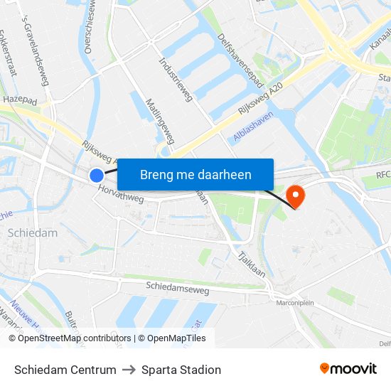 Schiedam Centrum to Sparta Stadion map