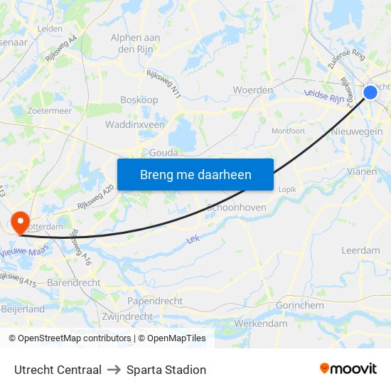 Utrecht Centraal to Sparta Stadion map