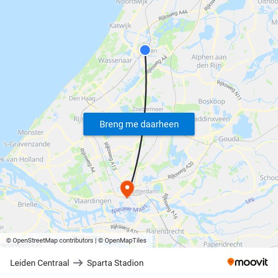 Leiden Centraal to Sparta Stadion map