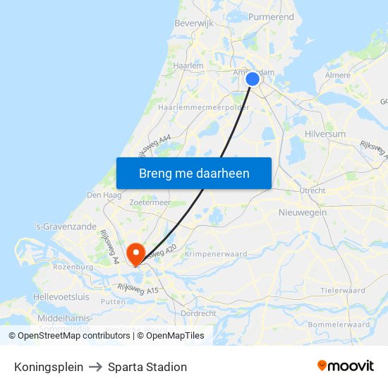 Koningsplein to Sparta Stadion map