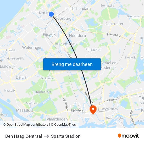 Den Haag Centraal to Sparta Stadion map