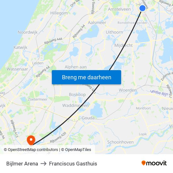 Bijlmer Arena to Franciscus Gasthuis map