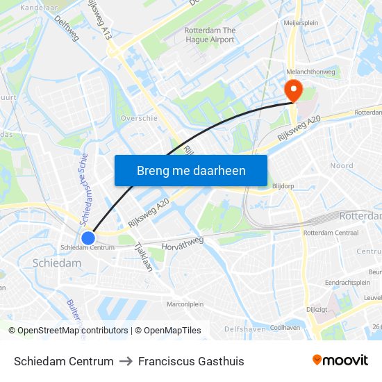 Schiedam Centrum to Franciscus Gasthuis map