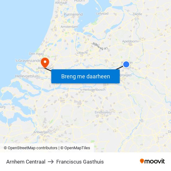 Arnhem Centraal to Franciscus Gasthuis map