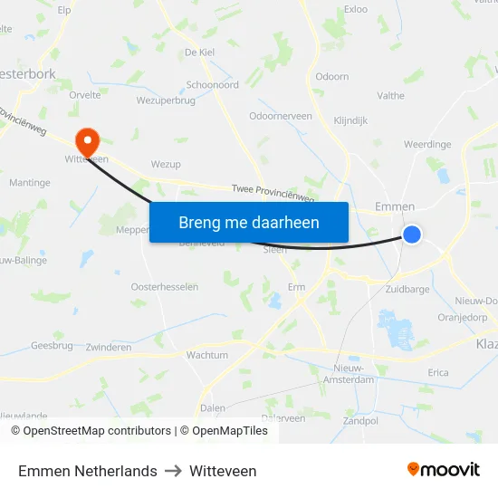 Emmen Netherlands to Witteveen map