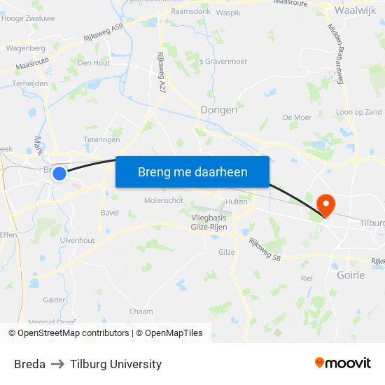 Breda to Tilburg University map