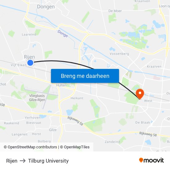 Rijen to Tilburg University map