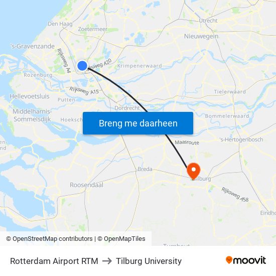 Rotterdam Airport RTM to Tilburg University map