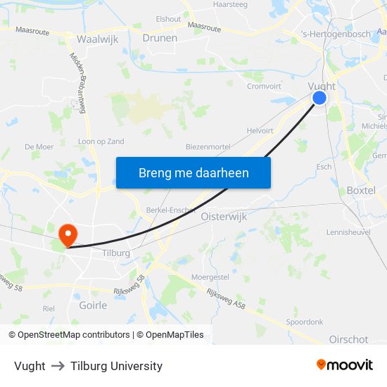 Vught to Tilburg University map