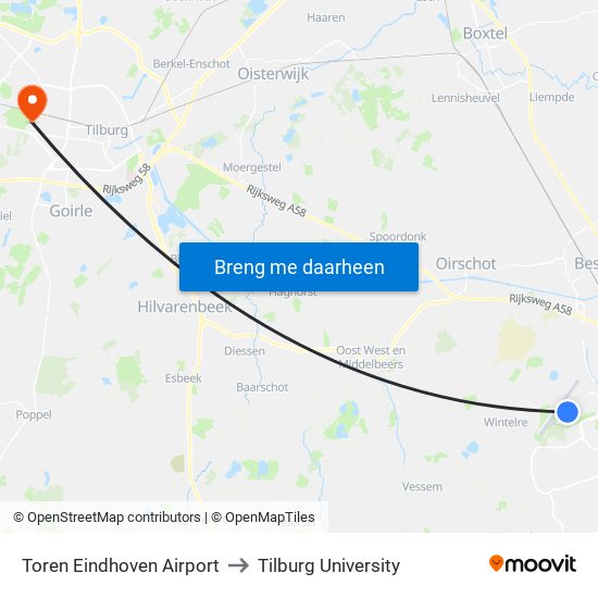 Toren Eindhoven Airport to Tilburg University map