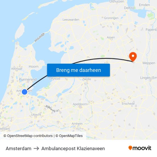 Amsterdam to Ambulancepost Klazienaveen map