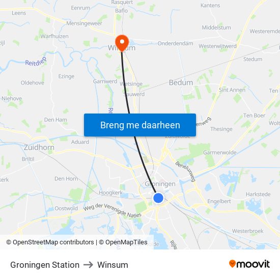 Groningen Station to Winsum map