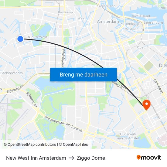 New West Inn Amsterdam to Ziggo Dome map