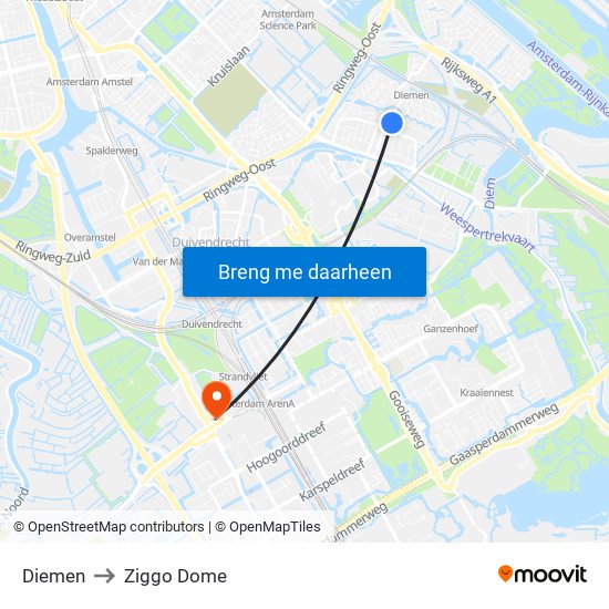 Diemen to Ziggo Dome map