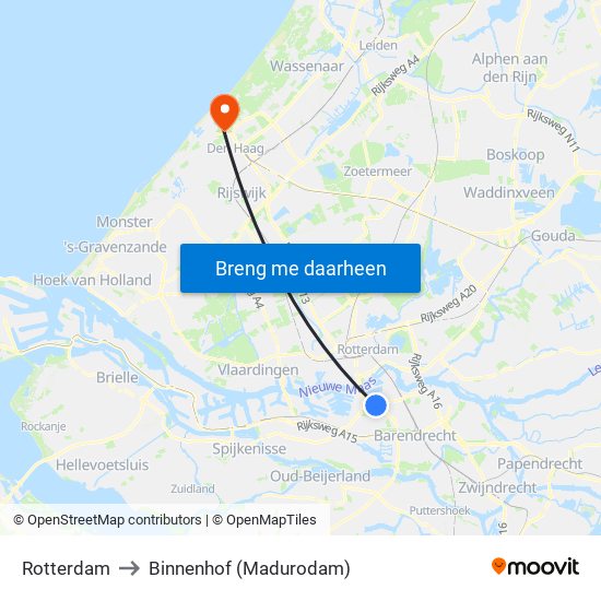 Rotterdam to Binnenhof (Madurodam) map