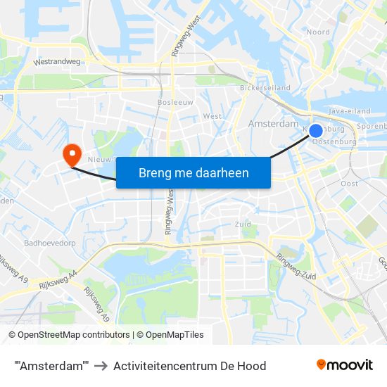 ""Amsterdam"" to Activiteitencentrum De Hood map