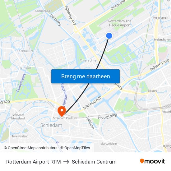 Rotterdam Airport RTM to Schiedam Centrum map