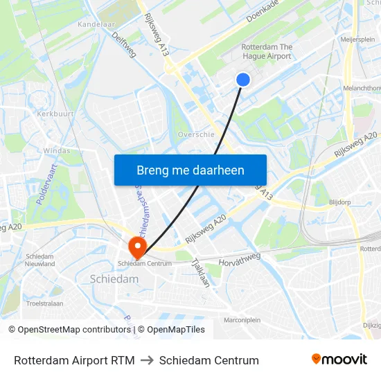 Rotterdam Airport RTM to Schiedam Centrum map