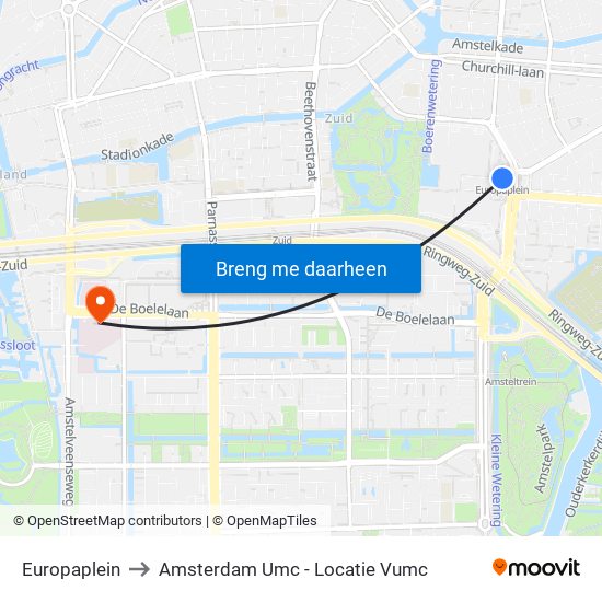 Europaplein to Amsterdam Umc - Locatie Vumc map