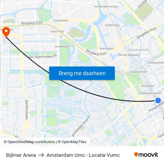 Bijlmer Arena to Amsterdam Umc - Locatie Vumc map