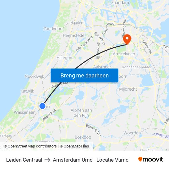 Leiden Centraal to Amsterdam Umc - Locatie Vumc map