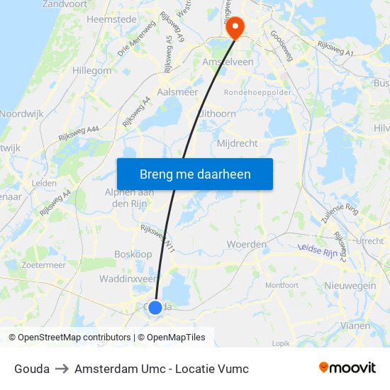 Gouda to Amsterdam Umc - Locatie Vumc map