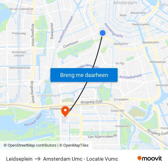 Leidseplein to Amsterdam Umc - Locatie Vumc map