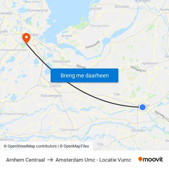 Arnhem Centraal to Amsterdam Umc - Locatie Vumc map