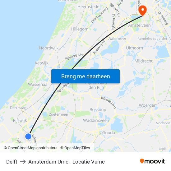 Delft to Amsterdam Umc - Locatie Vumc map