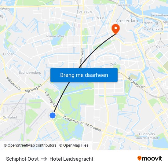 Schiphol-Oost to Hotel Leidsegracht map