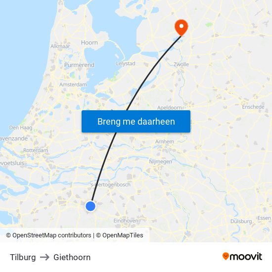 Tilburg to Giethoorn map