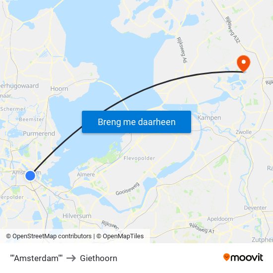 ""Amsterdam"" to Giethoorn map