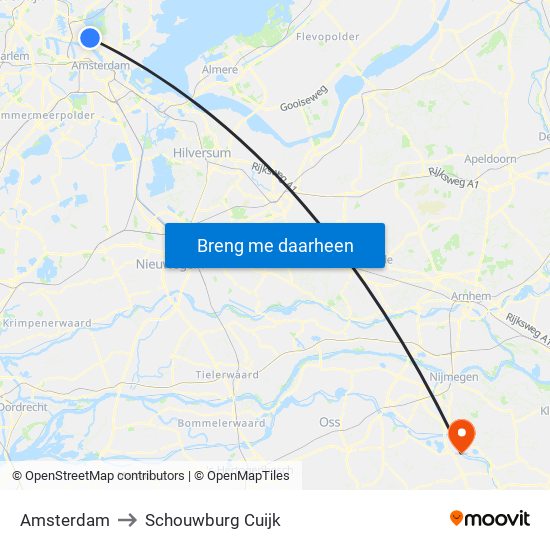 Amsterdam to Schouwburg Cuijk map