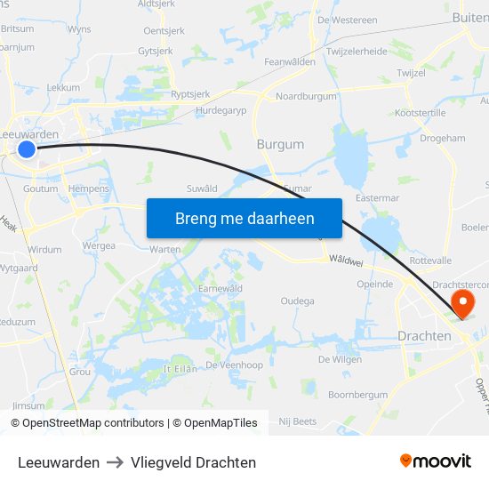 Leeuwarden to Vliegveld Drachten map