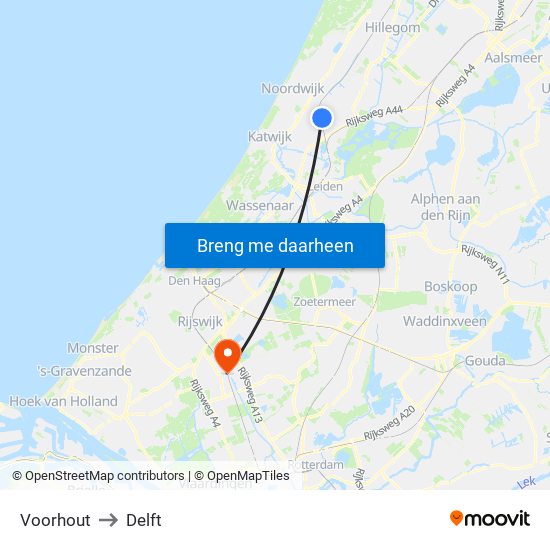 Voorhout to Delft map