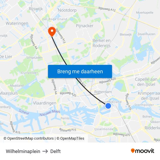 Wilhelminaplein to Delft map
