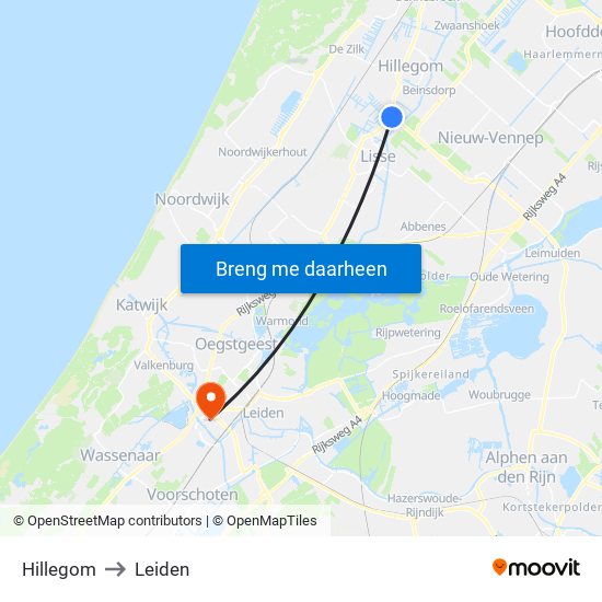 Hillegom to Leiden map