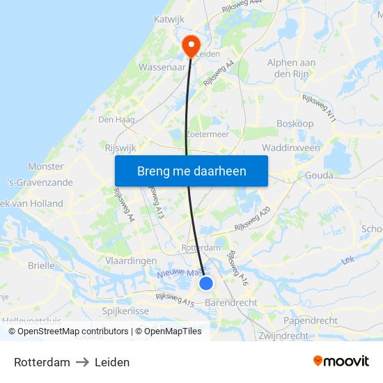 Rotterdam to Leiden map