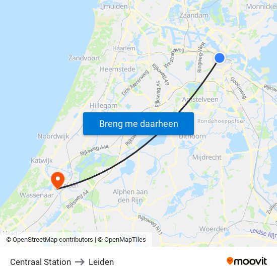 Centraal Station to Leiden map