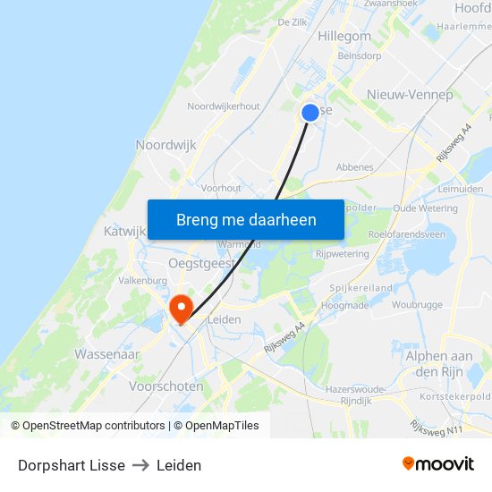 Dorpshart Lisse to Leiden map