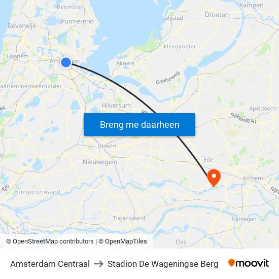 Amsterdam Centraal to Stadion De Wageningse Berg map