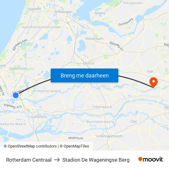 Rotterdam Centraal to Stadion De Wageningse Berg map