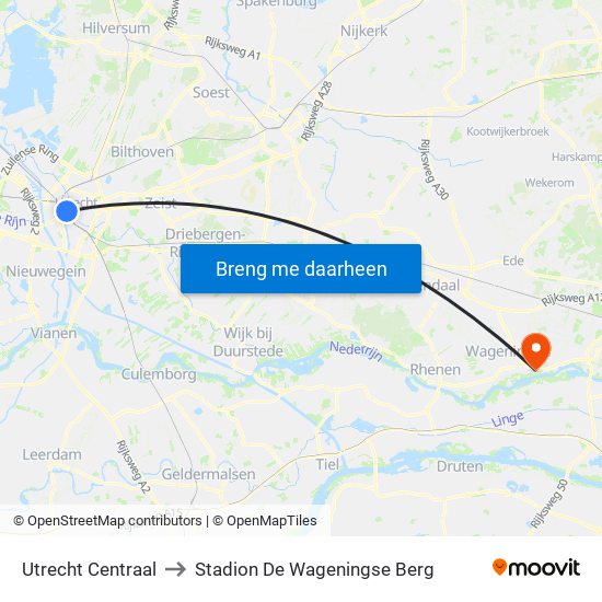 Utrecht Centraal to Stadion De Wageningse Berg map