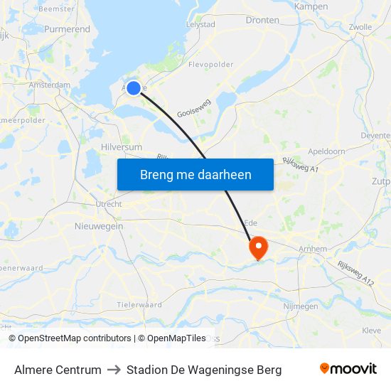 Almere Centrum to Stadion De Wageningse Berg map