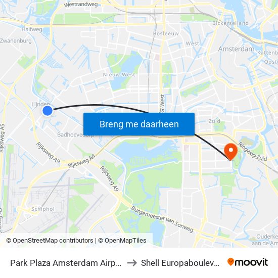 Park Plaza Amsterdam Airport to Shell Europaboulevard map