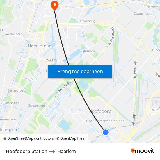 Hoofddorp Station to Haarlem map