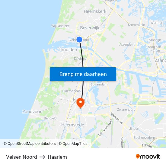 Velsen Noord to Haarlem map